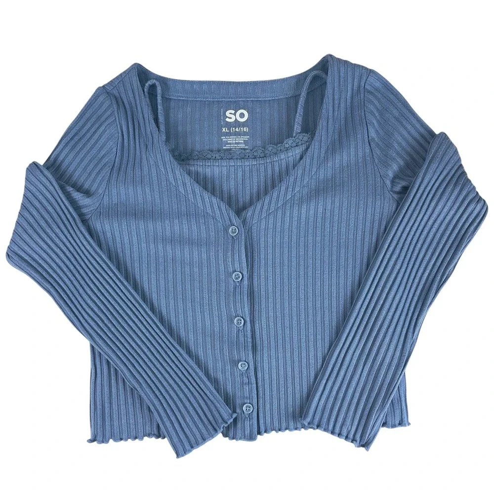 SO Girls Lace Trim Ribbed Twin‎ Set Cardigan Cami Pelican Blue XL 14/16